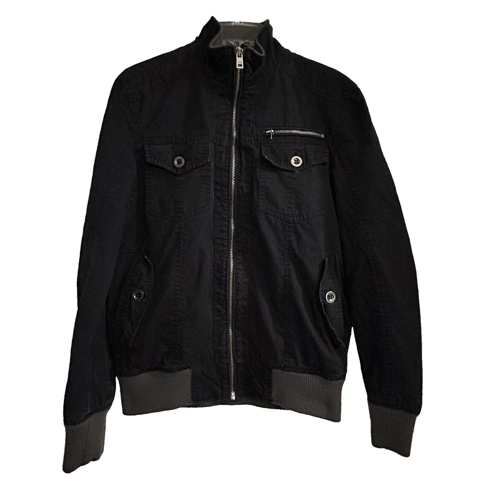 Guess Bomber Jacket Men Size S Black Full Zip Cotton Military Utility Mock Neck